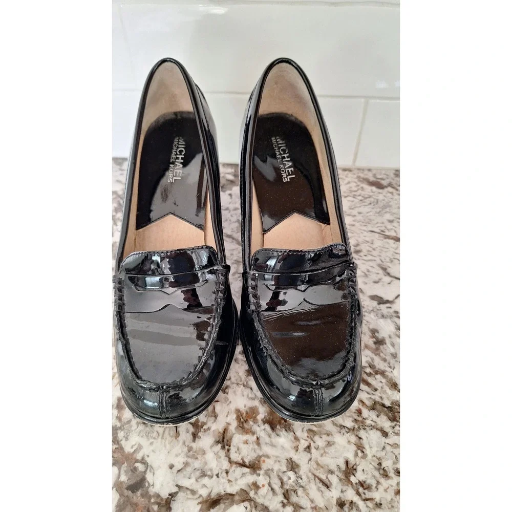 Michael Michael Kors Black Patent Leather Penny Loafer Block Heel Pumps Mens 7M
